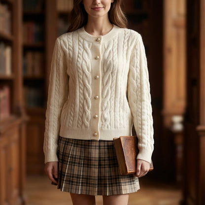 H&M Cable Knit Pearl Button Cardigan Sweater Womens S White Academia Coquette