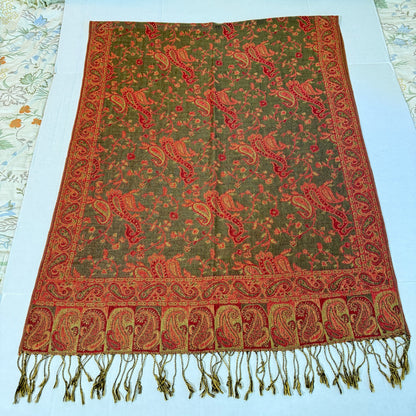 Paisley Pashmina Scarf Shawl Women OS Fringe Rust Olive Boho Autumnal Fairycore