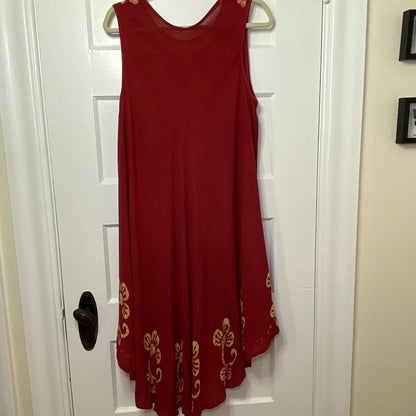 Batik Midi Sun Dress O/S Red Gold Block Print Trapeze Festival Boho Resortwear