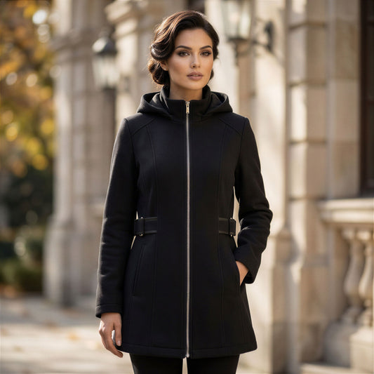 Details INTL Black Hooded Full-Zip Knit Jacket Women L Minimalist Dark Academia