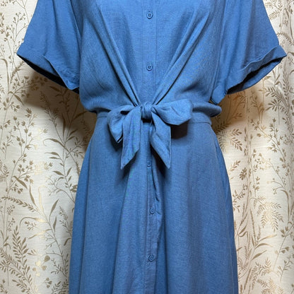 Grace Karin Tie Front Shirt Dress Women XL Blue Linen Blend Coastal Minimalist