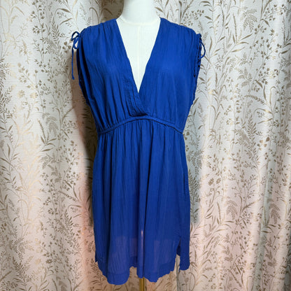 Lauren Ralph Lauren Blue Cotton Mini Dress L Shoulder Tie Coastal Beach Summer