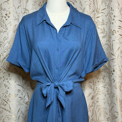 Grace Karin Tie Front Shirt Dress Women XL Blue Linen Blend Coastal Minimalist