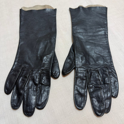 Vintage Black Leather Dress Gloves Women Small Unlined Kidskin Mid-Century Retro