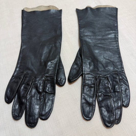 Vintage Black Leather Dress Gloves Women Small Unlined Kidskin Mid-Century Retro