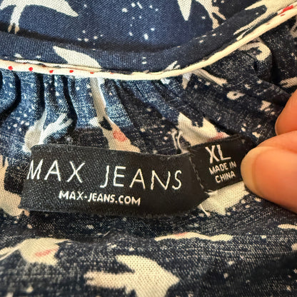 Max Jeans Bird Print Cold Shoulder Blouse Women XL Navy Coastal Boho Sailor Chic