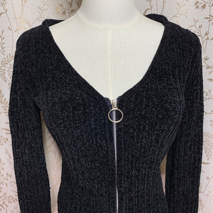 SO Black Chenille Ribbed Crop Cardigan Zip Juniors M Y2K 90s Grunge Whimsigoth