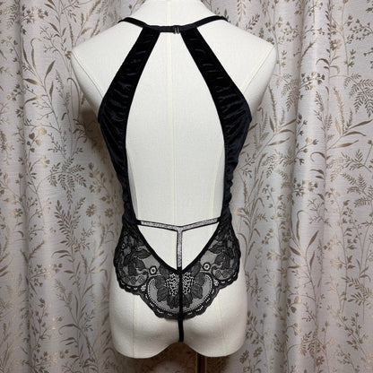 Victorias Secret Black Velvet Shine Teddy Bodysuit M/L Open Back Rhinestone Sexy