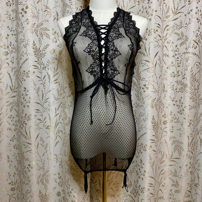 Fredericks of Hollywood Black Stretch Lace Chemise L Garter Goth Coquette Pin-Up