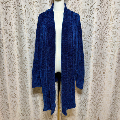 Orvis Chenille Open Front Duster Cardigan Women XXL Blue Cozy Cabincore Grandma