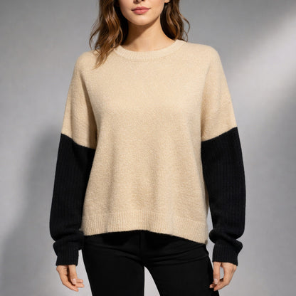 Lulus Nancie Colorblock Knit Sweater Small Camel Black Slouchy Cozy Neutral Soft