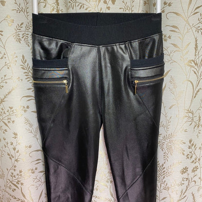 Julia Black Faux Leather Front Leggings Small Gold Zipper Moto Baddie Streetwear