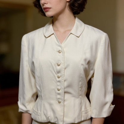 Vintage Cream Peplum Blazer Womens S 3/4 Sleeve New Look Mid-Century Retro Chic