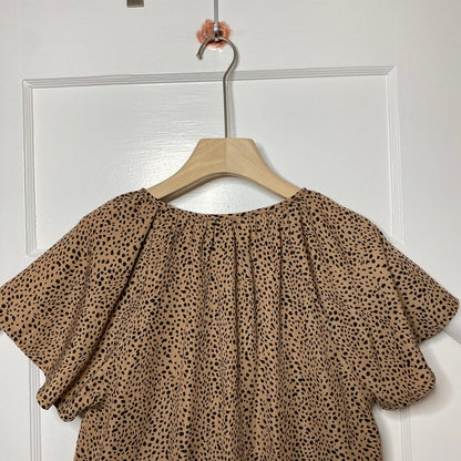 SHEIN Dalmation Print Flutter Blouse Tan Black Medium Keyhole Tie Office Siren