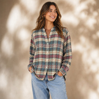 CHAPS Linen Cotton Plaid Mandarin Collar Shirt L Gingham Grandad Prairie Rural