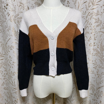 Lulus Colorblock Cardigan Knit Sweater XS Tan White Black V-Neck Button Neutrals