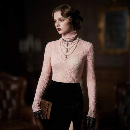 Free People Intimately Pink Lace Mock Neck Top XXS Balletcore Coquette Fairycore