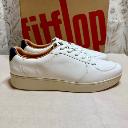 Fitflop Rally Leather Panel Sneakers Women 11 White Blue Ergonomic Arch Support