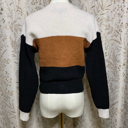 Lulus Colorblock Cardigan Knit Sweater XS Tan White Black V-Neck Button Neutrals