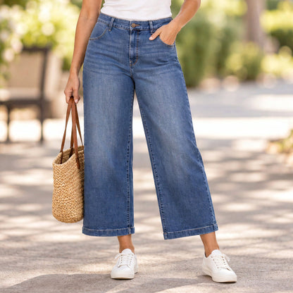 Ella Moss Wide-Leg Cropped Jeans Women 14 Med Indigo Stretch Coastal Casual Boho