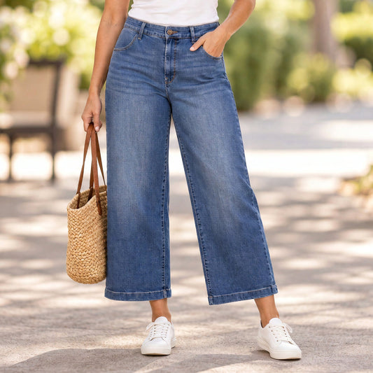 Ella Moss Wide-Leg Cropped Jeans Women 14 Med Indigo Stretch Coastal Casual Boho