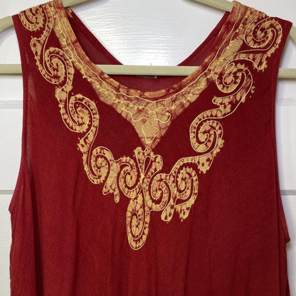 Batik Midi Sun Dress O/S Red Gold Block Print Trapeze Festival Boho Resortwear