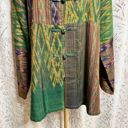 Boho Silk Ikat Jacket Women XL Patchwork Frog Closure Art to Wear Tang Suit