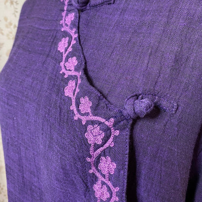 VTG 90s/Y2K Purple Cheongsam Embroidered Cotton Tunic XL Mandarin Floral Asian