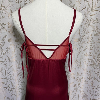 Satin Mesh Lace Slip Dress Women M Burgundy Y2K Romantic Coquette Glam Boudoir
