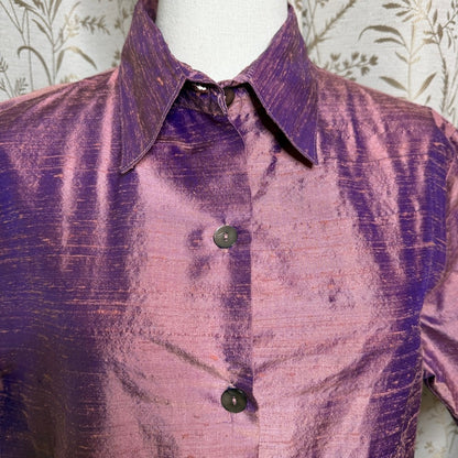 Tom Tom California Vintage Iridescent Silk Shirt Women M Purple Boho Artsy Retro