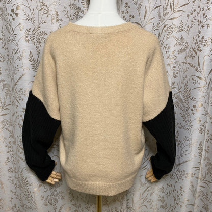 Lulus Nancie Colorblock Knit Sweater Small Camel Black Slouchy Cozy Neutral Soft