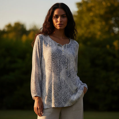 Sonoma Peasant Blouse XL Gray Paisley Leopard Cottagecore Lagenlook Minimalist