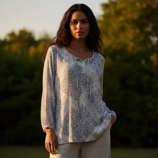Sonoma Peasant Blouse XL Gray Paisley Leopard Cottagecore Lagenlook Minimalist
