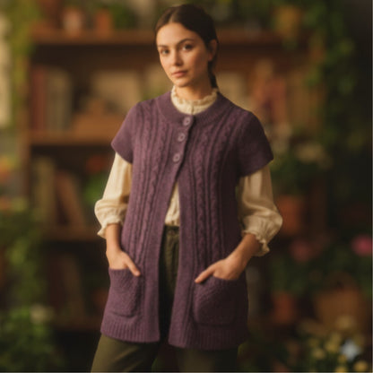 Sonoma Purple Cable Knit Sweater Vest Cardigan Womens Large Dark Academia Boho