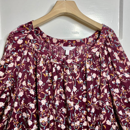 LC Lauren Conrad Floral Balloon Sleeve Blouse Womens L Boho Peasant Top Maroon