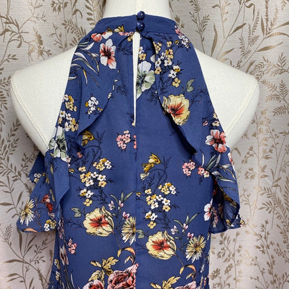 IZ BYER Blue Floral Ruffle Halter Top Small Keyhole Romantic Boho Cottagecore
