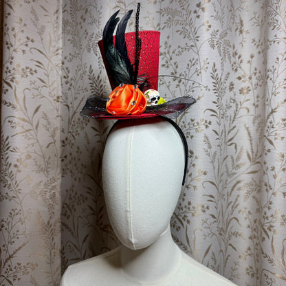 Day of the Dead Red Top Hat Headband Skull Feathers Ruffles Halloween Masquerade