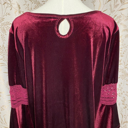 Velvet Burgundy Bell Sleeve Top XL Crochet Lace Boho Witchy Whimsigoth Retro