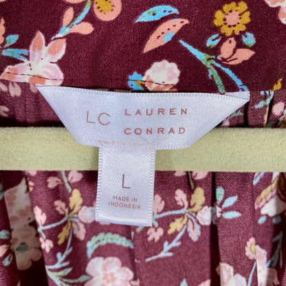 LC Lauren Conrad Floral Balloon Sleeve Blouse Womens L Boho Peasant Top Maroon