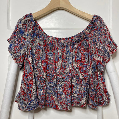 Forever 21 Red Blue Floral Off the Shoulder Cropped Top Womens Small Boho Retro