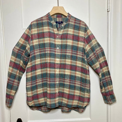 CHAPS Linen Cotton Plaid Mandarin Collar Shirt L Gingham Grandad Prairie Rural