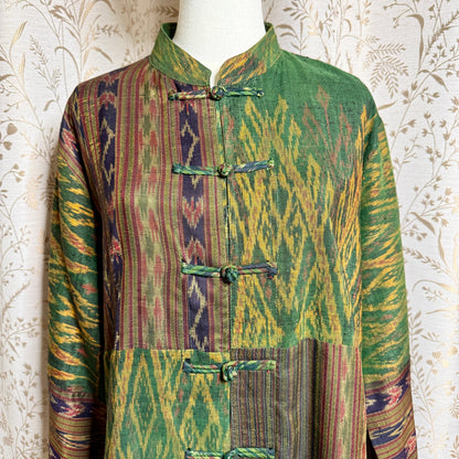 Boho Silk Ikat Jacket Women XL Patchwork Frog Closure Art to Wear Tang Suit