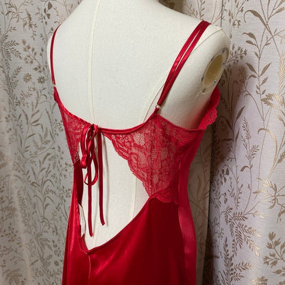 Victoria Secret Crimson Satin Lace Maxi Slip Dress Large Slit Sirencore Coquette