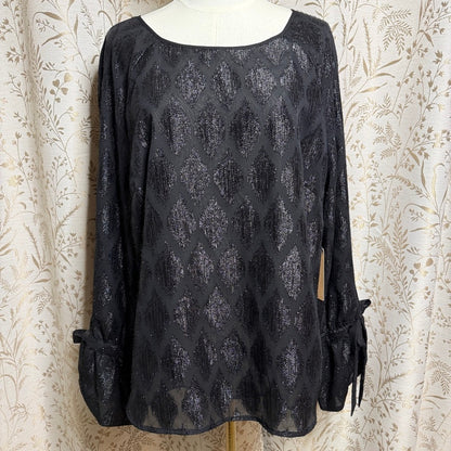 Halogen NWT Metallic Argyle Tie Cuff Blouse Women XL Black Whimsigoth Holiday
