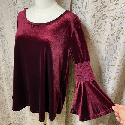 Velvet Burgundy Bell Sleeve Top XL Crochet Lace Boho Witchy Whimsigoth Retro