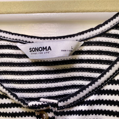 Sonoma Striped Henley Tank Top Women L Black White French Girl Coastal Nautical