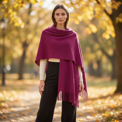 Magenta Pink Knit Fringe Wrap Shawl Women OS Boho Cozy Romantic Travel Comfort