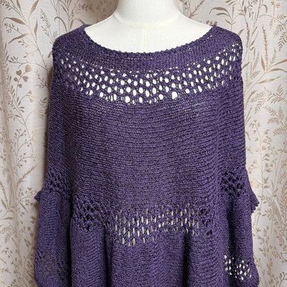 Chico's Open Knit Batwing Poncho Sweater Women L/XL Purple Whimsigoth Festival