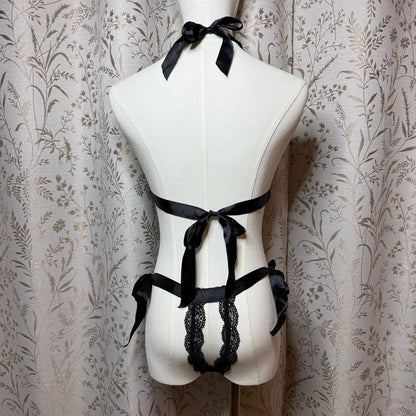 Black Lace Mesh Halter Teddy OS Boudoir Goth Dark Coquette Romantic Sirencore