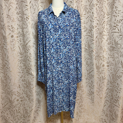 Well Worn Floral Shirt Dress Womens XL Blue Long Sleeve Boho Coastal Grandmother
